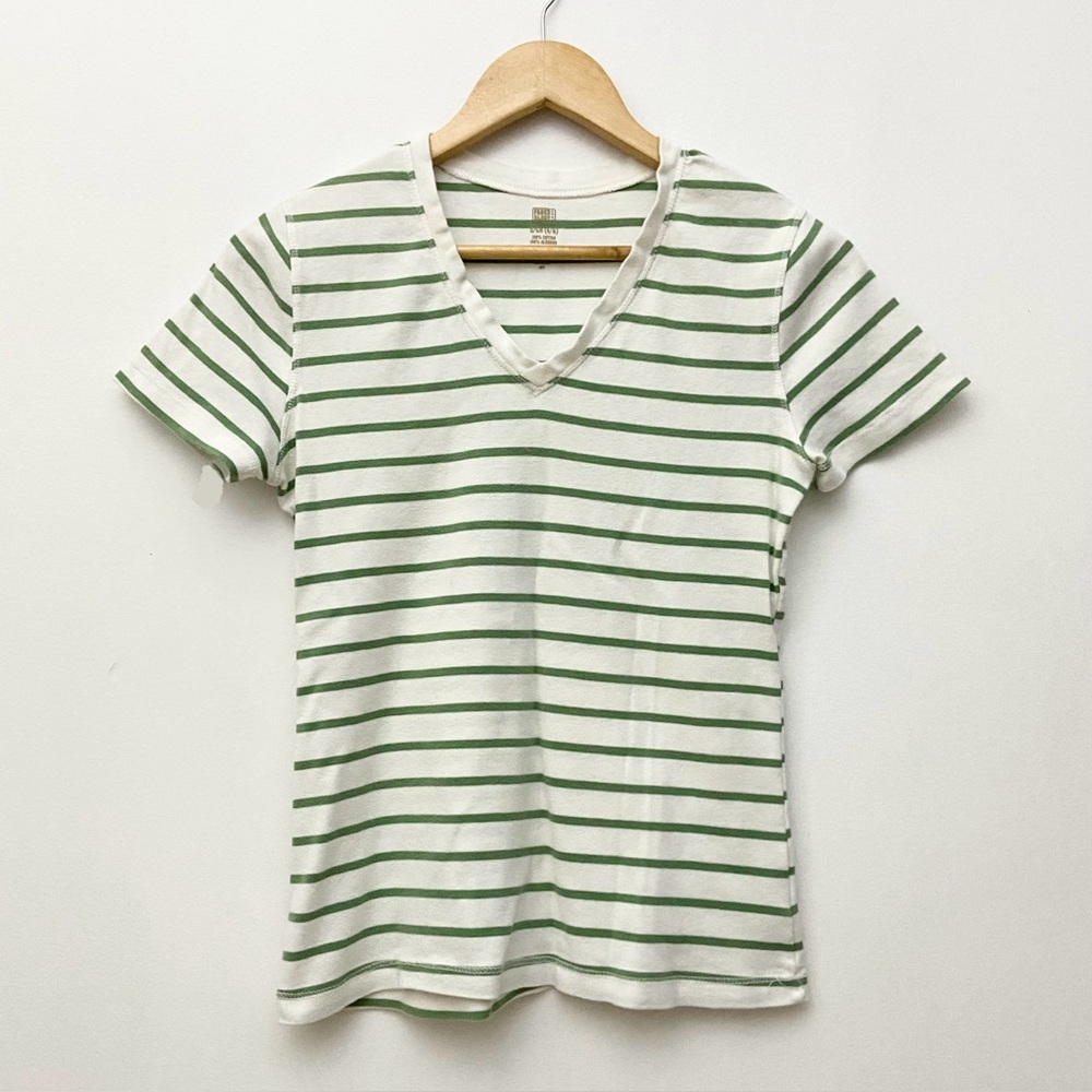 Cotton White/Green Striped V-Neck T-Shirt